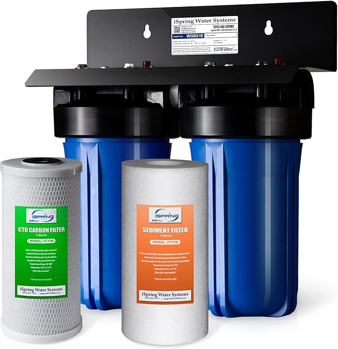 iSpring WGB21B 2-Stage Whole House Water Filtration System & WSP-100 Reusable Whole House Spin Down Sediment Water Filter, 100 Micron Flushable Prefilter Filtration