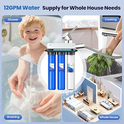 Whole House Water Filter System, 3-Stage Whole House Water Filtration System, 3/4 "Inlet/Outlet,Reduces Up to 99% of Chlorine, Sediment, Taste and Odor, with a Transparent Shell for The First Stage