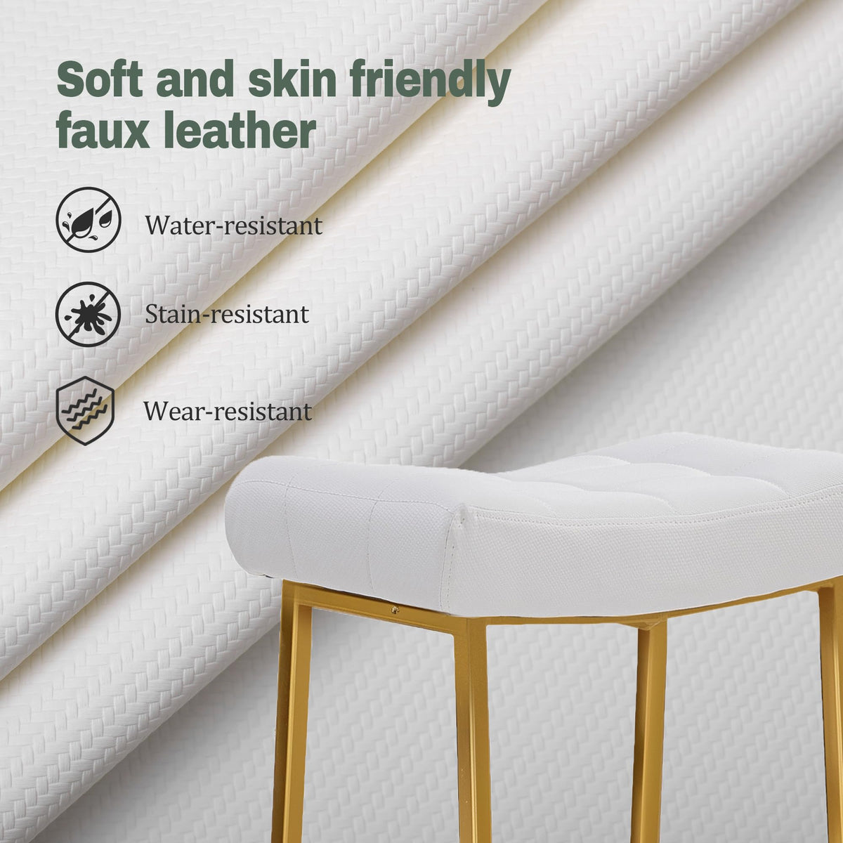 White & Gold Counter Height Bar Stools Set of 2 for Kitchen Counter Backless Kitchen Island Barstools with Upholstered Faux Leather Seat and Gold Base Modern 24 inch Bar Chairs No Back