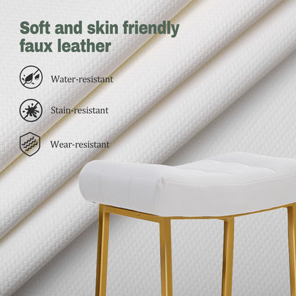White & Gold Counter Height Bar Stools Set of 2 for Kitchen Counter Backless Kitchen Island Barstools with Upholstered Faux Leather Seat and Gold Base Modern 24 inch Bar Chairs No Back
