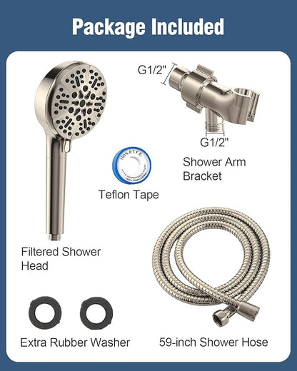 Filtered Shower Head with Handheld Brushed Nickel, BOWGER 6 Modes High Pressure Shower Heads with Power Wash Mode and Hard Water Filter, Detachable Hand Held Showerhead Set with Extra Long Hose