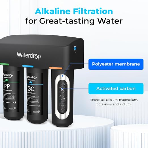 Waterdrop TSB-ALK 8 Layer Slightly Alkaline Under Sink Water Filter System | Reduces PFAS, PFOA/PFOS, Fluoride, Chlorine, Bad Taste & Odor, with Dedicated Faucet, Under Sink Water Filtration System