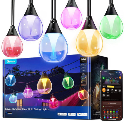Govee Clear Bulb Outdoor String Lights 144ft, RGBWIC Smart Outdoor Lights with 45 Dimmable LED Bulbs, 111 Scene Modes, IP67 Waterproof & Shatterproof, Works with Alexa, Google & Matter for Patio