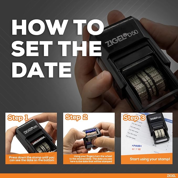 ZIGEL D50 Date Stamp with Posted - Self Inking Date Stamp - Black