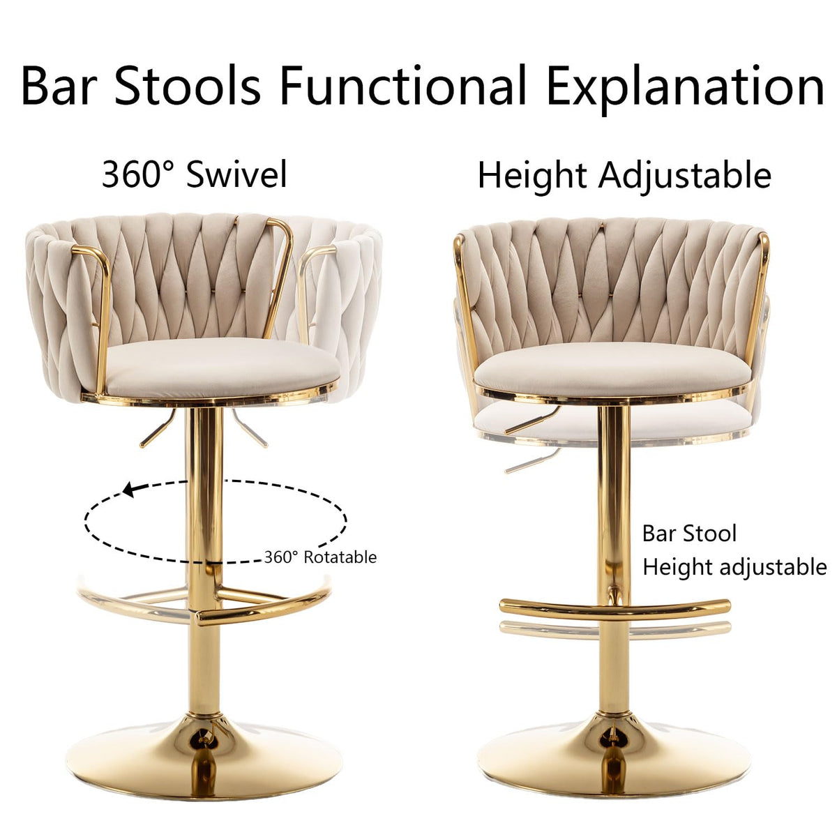 Gold Velvet Bar Stools Set of 6, Swivel Counter Height Bar Stools with Back, Adjustable Woven Barstools for Kitchen Island, Pub, Club (Beige)
