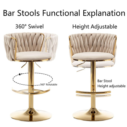 Gold Velvet Bar Stools Set of 6, Swivel Counter Height Bar Stools with Back, Adjustable Woven Barstools for Kitchen Island, Pub, Club (Beige)