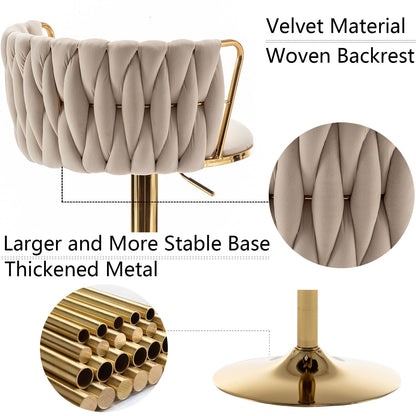 Gold Velvet Bar Stools Set of 6, Swivel Counter Height Bar Stools with Back, Adjustable Woven Barstools for Kitchen Island, Pub, Club (Beige)
