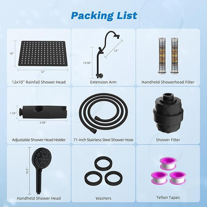 Hibbent Dual Filter All Metal 12" Rainfall Showerhead Combo, High Pressure Filter Shower Head with 10-Spray Mode Handheld, 4-way Diverter with Pause Mode, 71'' Shower Hose and Holder, Matte Black