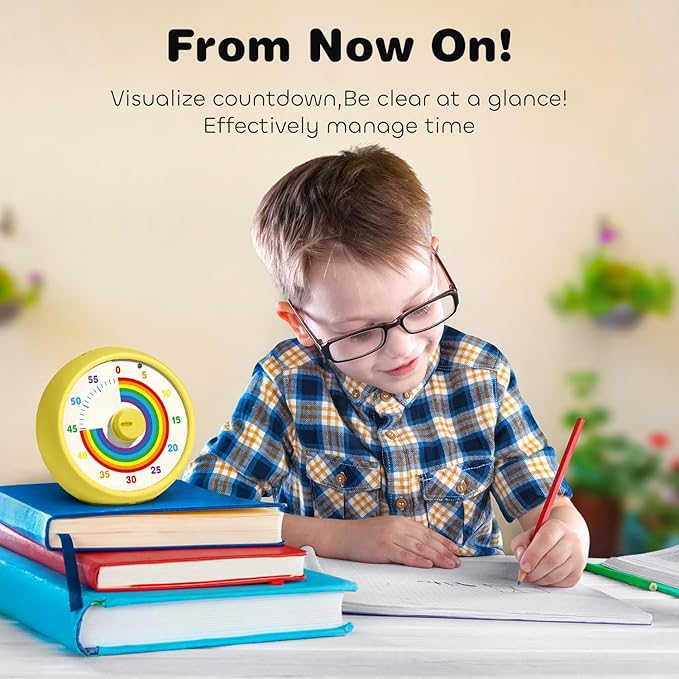 Visual Timer for Kids, 60-Minute Countdown Timer for Classroom Office Kitchen, Desk Timer Kids Time Management Tools with Silent Operation, Pomodoro Time Rainbow Pattern (Yellow)