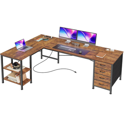 55 Inch L Shaped Desk with Fabric Drawers, Reversible Computer Gaming Desk with Power Outlets and USB-C Port, Adjustable Side Storage Shelves, for Work Corner Home Office, Rustic Brown