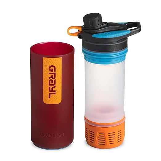 GRAYL GeoPress 24 oz Water Purifier Bottle - Filter for Hiking, Camping, Survival, Travel (Wanderer Red)