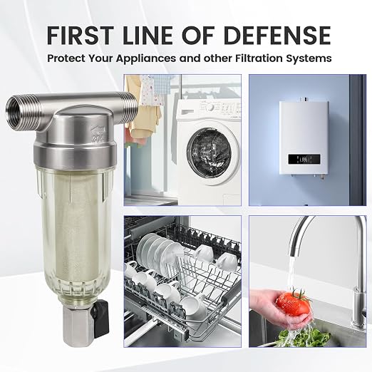 304 Stainless Steel 40 Micron Spin Down Water Filter, Whole House Spin Down Sediment Water Filter, Reusable Flushable Pre-Filtration System, 1" MNPT + 3/4" FNPT+3/4MNPT, BPA Free