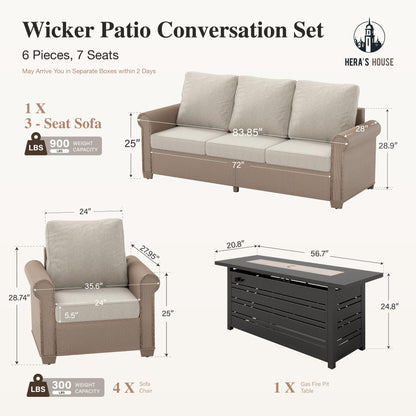 6-Piece Patio Furniture Set, All Weather 7 Seats Outdoor Wicker Sofa with 57" Fire Pit Table, 5.5" Thick Waterproof Cushion Conversation Couch Set for Garden Deck Backyard, Beige