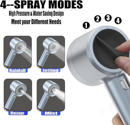 High Pressure Shower Head with Handheld, with Pause Switch 4 Spray Modes Water Saving Showerhead,Showerhead Set with Hose, Bracket and Cotton Filter, (blue)