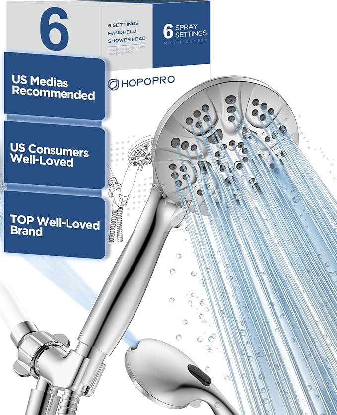 6-Mode High Pressure Handheld Shower Head with Power Wash, HOPOPRO High Flow Hand Held Showerhead Set with Built-in Power Spray to Clean Tub Tile Pets Bathroom Flooring
