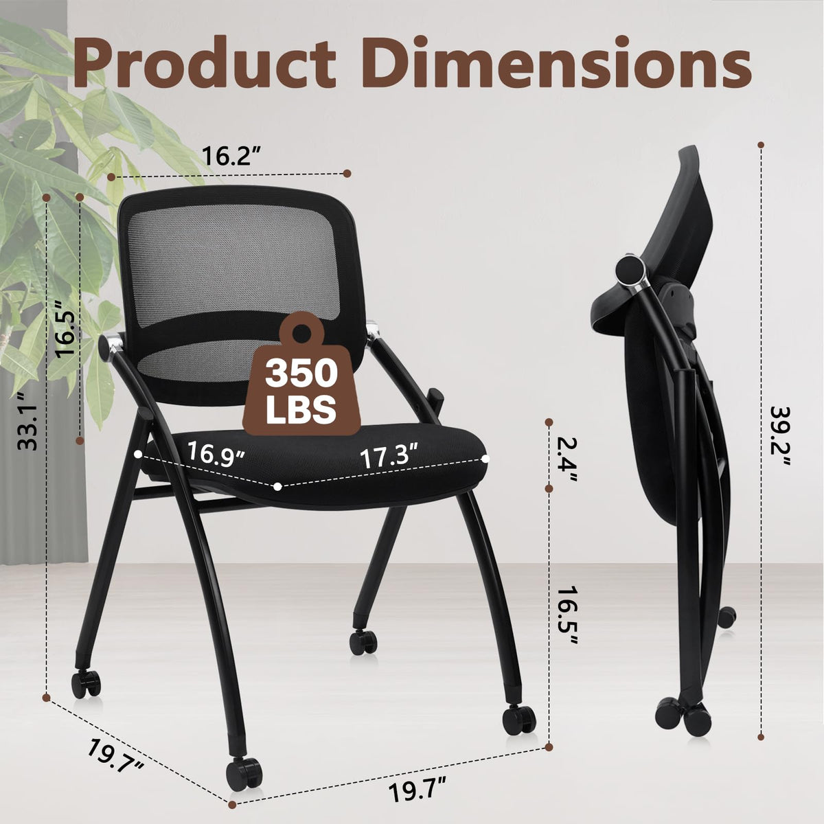 8PACK, Stackable & Foldable Chairs with Wheels, Reception Guest Chairs with Lumbar Support, Ergonomic Curved Mesh Back Folding Chair for Office Schools Conference Waiting Room, Black