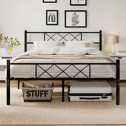 Full Size Bed Frame with Headboard, Heavy Duty Bedframe with Strong Metal Slats, No Box Spring Needed & Easy Assembly, Matte Black