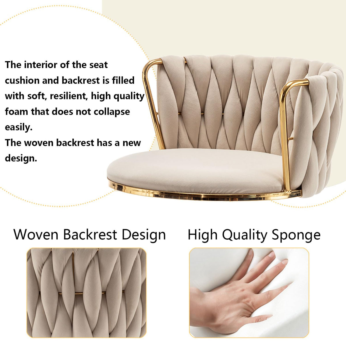 Gold Velvet Bar Stools Set of 6, Swivel Counter Height Bar Stools with Back, Adjustable Woven Barstools for Kitchen Island, Pub, Club (Beige)