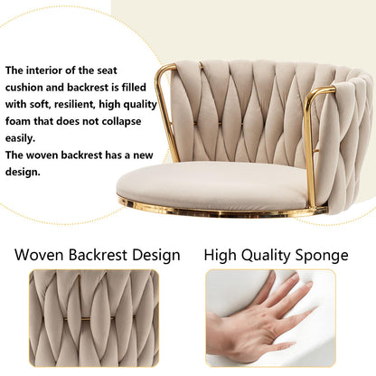 Gold Velvet Bar Stools Set of 6, Swivel Counter Height Bar Stools with Back, Adjustable Woven Barstools for Kitchen Island, Pub, Club (Beige)