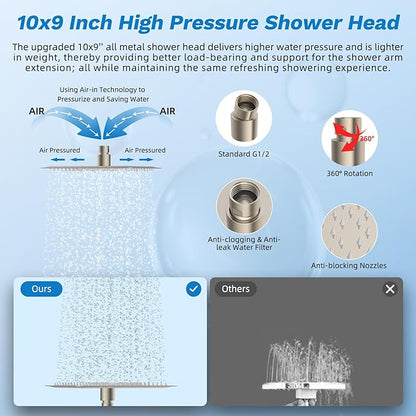 Hibbent Dual Filter All Metal 10"Rainfall Showerhead Combo, High Pressure Filter Shower Head with 10-Spray Mode Handheld, 4-way Diverter with Pause Mode, 71'' Shower Hose and Holder, Brushed Nickel
