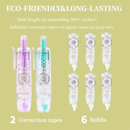 Refillable Correction Tape, 157 ft Total – 2 Pre-Filled Dispensers + 6 Snap-In Refills, School & Office Supplies, Purple+Green
