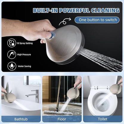 All Metal Rain Shower Head, 8” High Pressure Rainfall Shower Head with Handheld Spray, 5" Large Handheld Showerhead Powerful Clean 10-Mode, 16" Stainless Steel Adjustable Extension Arm, Brushed Nickel