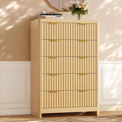 Natural Oak Dresser with 5 Deep Drawers, 47" Tall Fluted Chest of Drawers, Round Edge, Modern Vertical Dresser, Wooden Storage Organizer Cabinet for Bedroom, Living Room, Entryway, Hallway