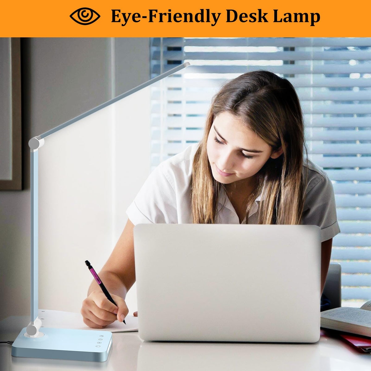 LED Desk Lamp with USB Ports,Touch Desk Lamps for Home Office with 5 Color Modes,3 Brightness Desk Light with Small Night Light,Reading Lamp Table Lamp for Bedroom Bedside Study Blue （with adapter）