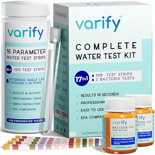 Varify 17in1 Complete Drinking Water Test Kit - 100 Strips + 2 Bacteria Tester Kits - Well, Tap, Home, City Water Testing Strip for Lead, Alkaline, Chlorine, Hardness, Iron, Fluoride, Copper & More