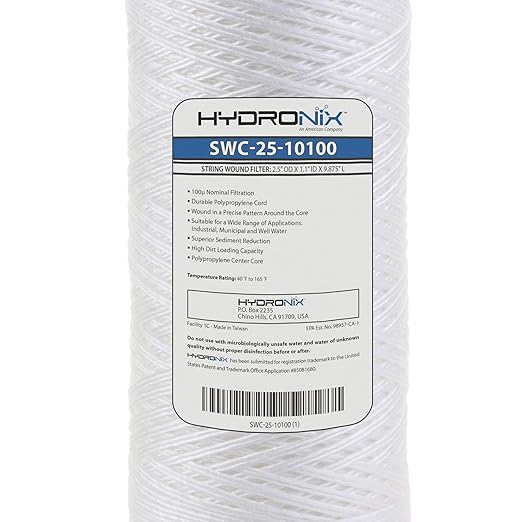 Hydronix SWC-25-10100 Universal Whole House String Wound Sediment Water Filter Cartridge 2.5" x 10" - 100 Micron