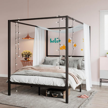 Queen Size Canopy Bed Frame with Heavy Duty Metal Slats, Black