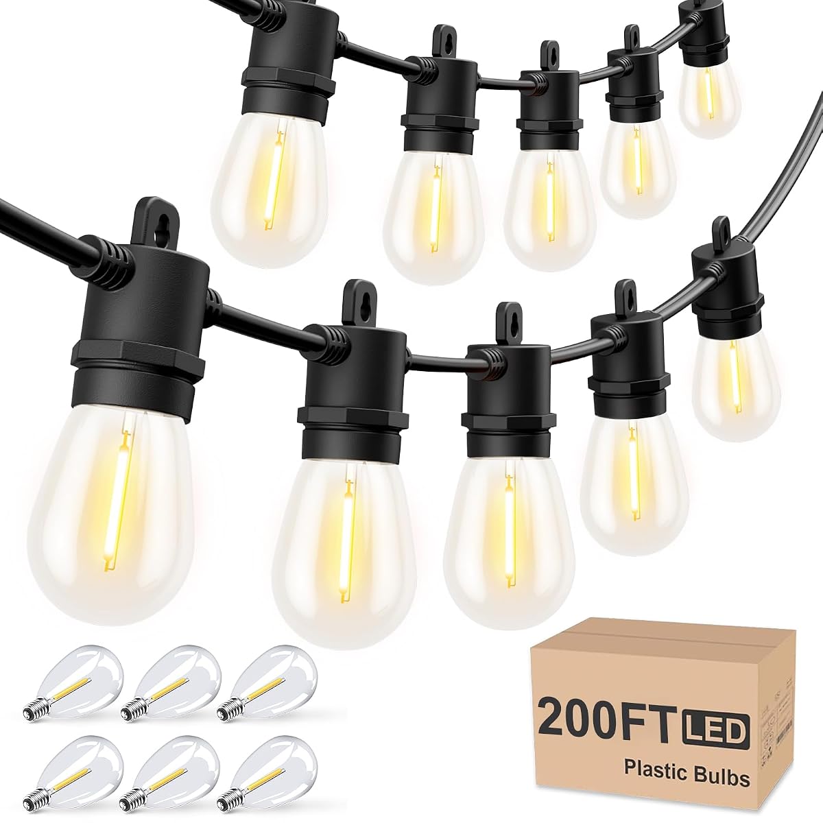 Outdoor String Lights 200 FT, Patio Lights for Outside with Shatterproof LED Bulbs, Waterproof IP65 Commercial Hanging Light for Backyard Porch Balcony Bistro Party (2X100FT)