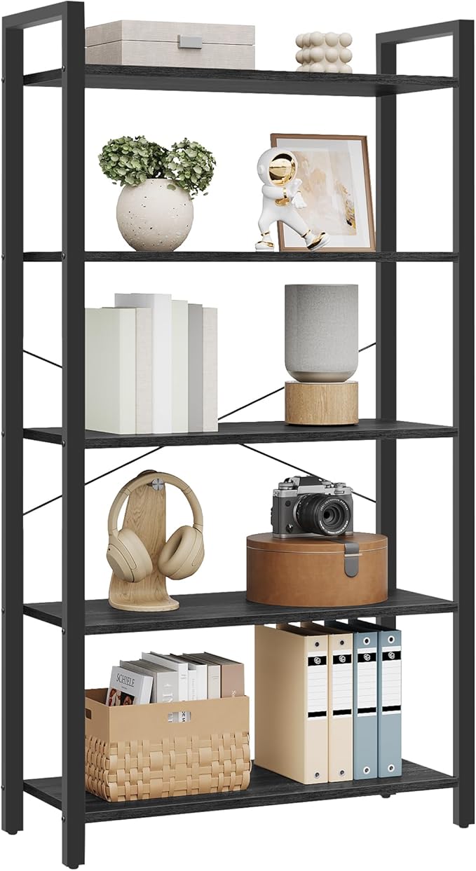 VASAGLE 5-Tier Bookshelf, Bookcase with Steel Frame, Book Shelf for Living Room, Home Office, Study, 11.8 x 26 x 60.2 Inches, Industrial Style, Ebony Black and Ink Black ULLS061B56
