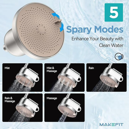 NSF Certified Filtered Shower Head - 5 Settings High Pressure Rain Shower Head for Hard Water Softener - Easy Install & Replace - Bathroom Showerhead to Remove Chlorine & Heavy Metals (Brushed Nickel)