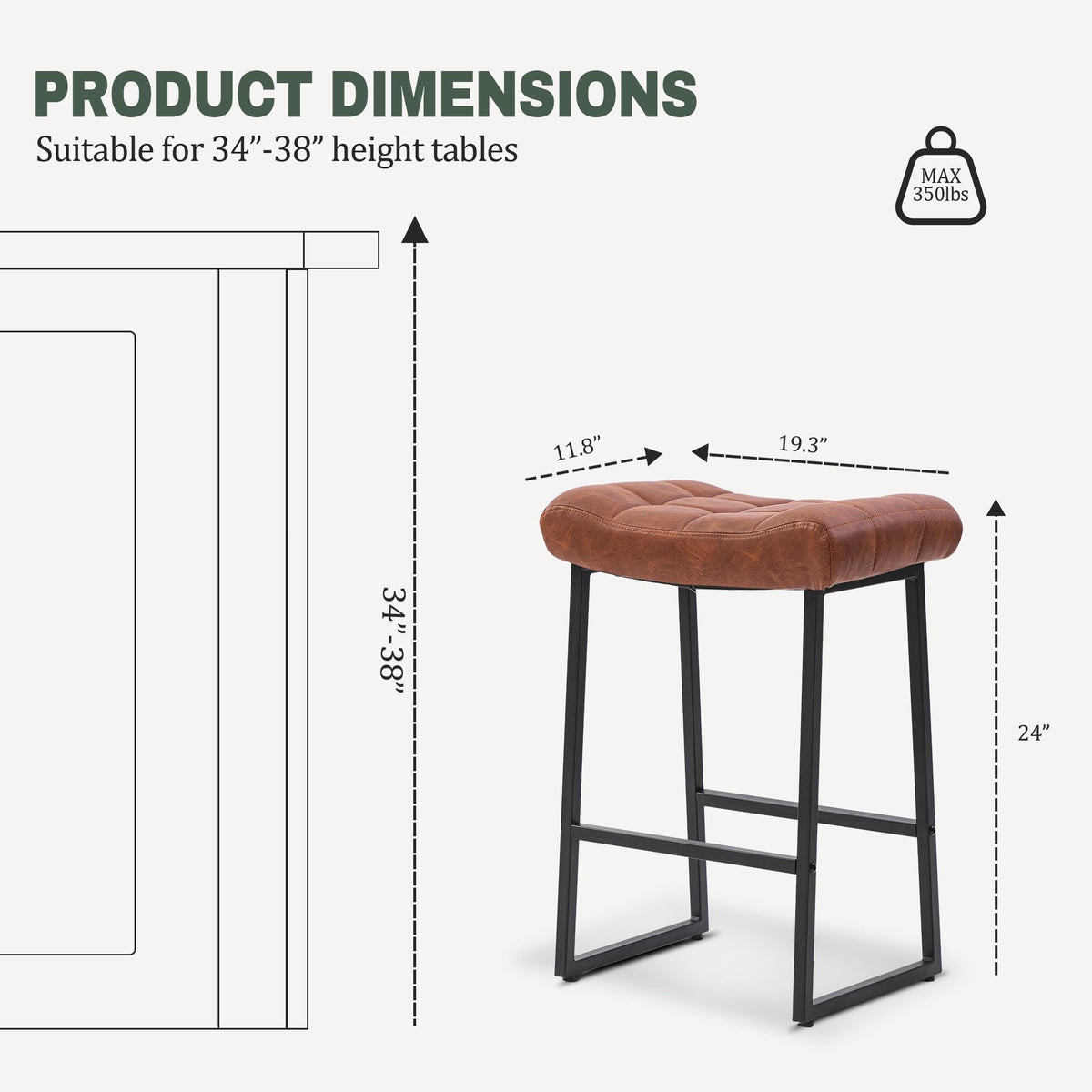 Modern Bar Stools Set of 6 for Kitchen Counter 24 inch Counter Height Backless Barstools with Upholstered Faux Leather Saddle Seat and Metal Frame Industrial Bar Chairs, Brown