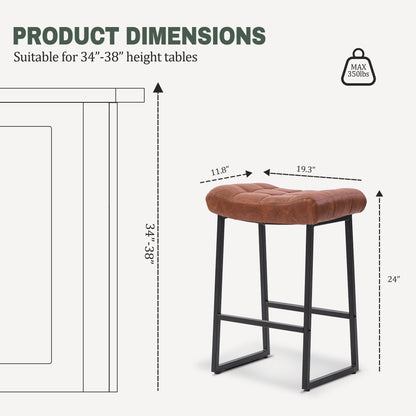 Modern Bar Stools Set of 6 for Kitchen Counter 24 inch Counter Height Backless Barstools with Upholstered Faux Leather Saddle Seat and Metal Frame Industrial Bar Chairs, Brown