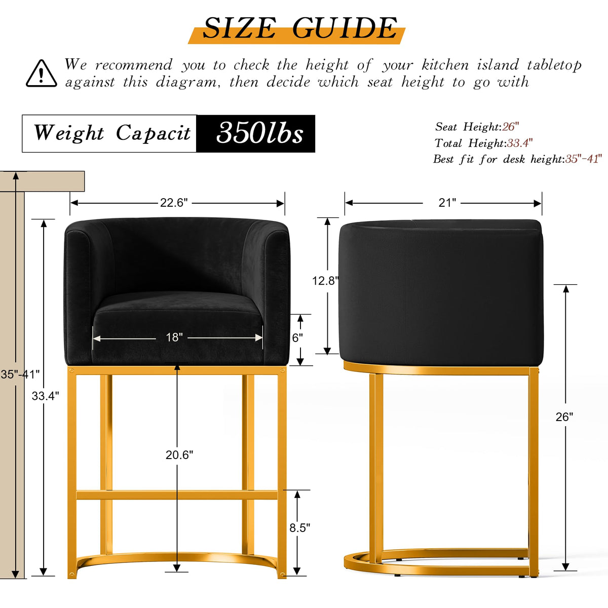Modern Counter Height Bar Stools,Bar Stools Set of 4,Velvet Fabric Upholstered Barrel Barstools with Backs,26'' Kitchen Island Chairs,Metal Gold Frames,Ink Black Velvet