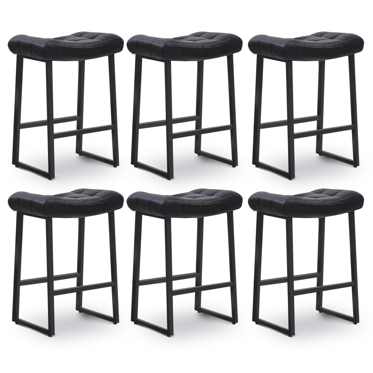 Black Bar Stools Set of 6 for Kitchen Island Counter Height Stools Modern Backless Barstools with Upholstered Faux Leather Saddle Seat and Metal Frame Industrial Bar Chairs, 24 inch