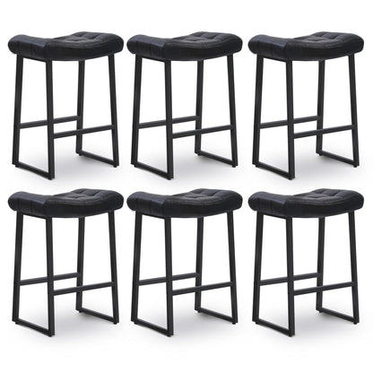 Black Bar Stools Set of 6 for Kitchen Island Counter Height Stools Modern Backless Barstools with Upholstered Faux Leather Saddle Seat and Metal Frame Industrial Bar Chairs, 24 inch