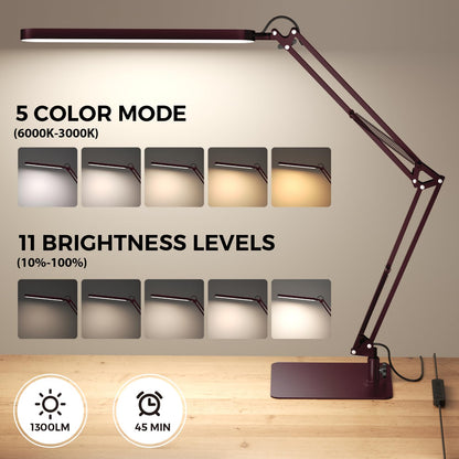 LED Desk Lamp with Slim Base - Adjustable Swing Arm Desk Light, Dimmable, Timer, Eye Protection, Memory Function, 1300LM, 12W, Red