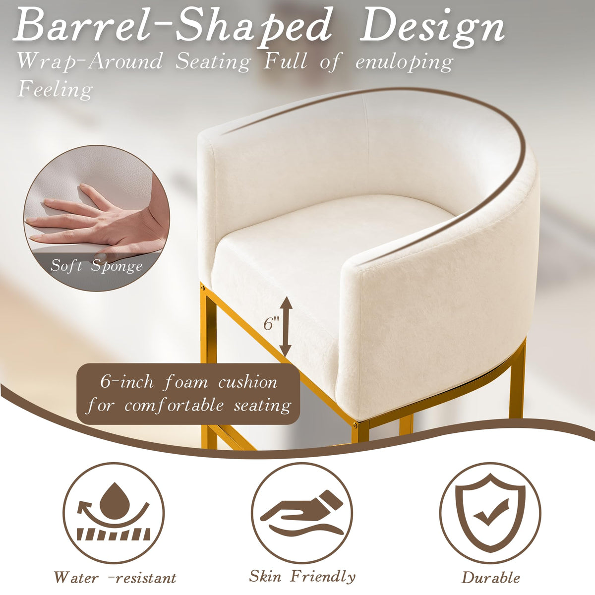 Modern Counter Height Bar Stools,Bar Stools Set of 2,Velvet Fabric Upholstered Barrel Barstools with Backs,26'' Kitchen Island Chairs,Metal Gold Frames,Beige White Velvet