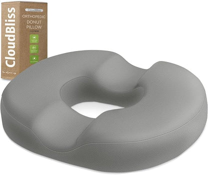 CloudBliss Donut Pillow Seat Cushion Chair Pad for Tailbone Pain Relief and Hemorrhoids, Memory Foam Seat Chair Cushion for Men and Women for Home & Office, (Light Grey-XL)