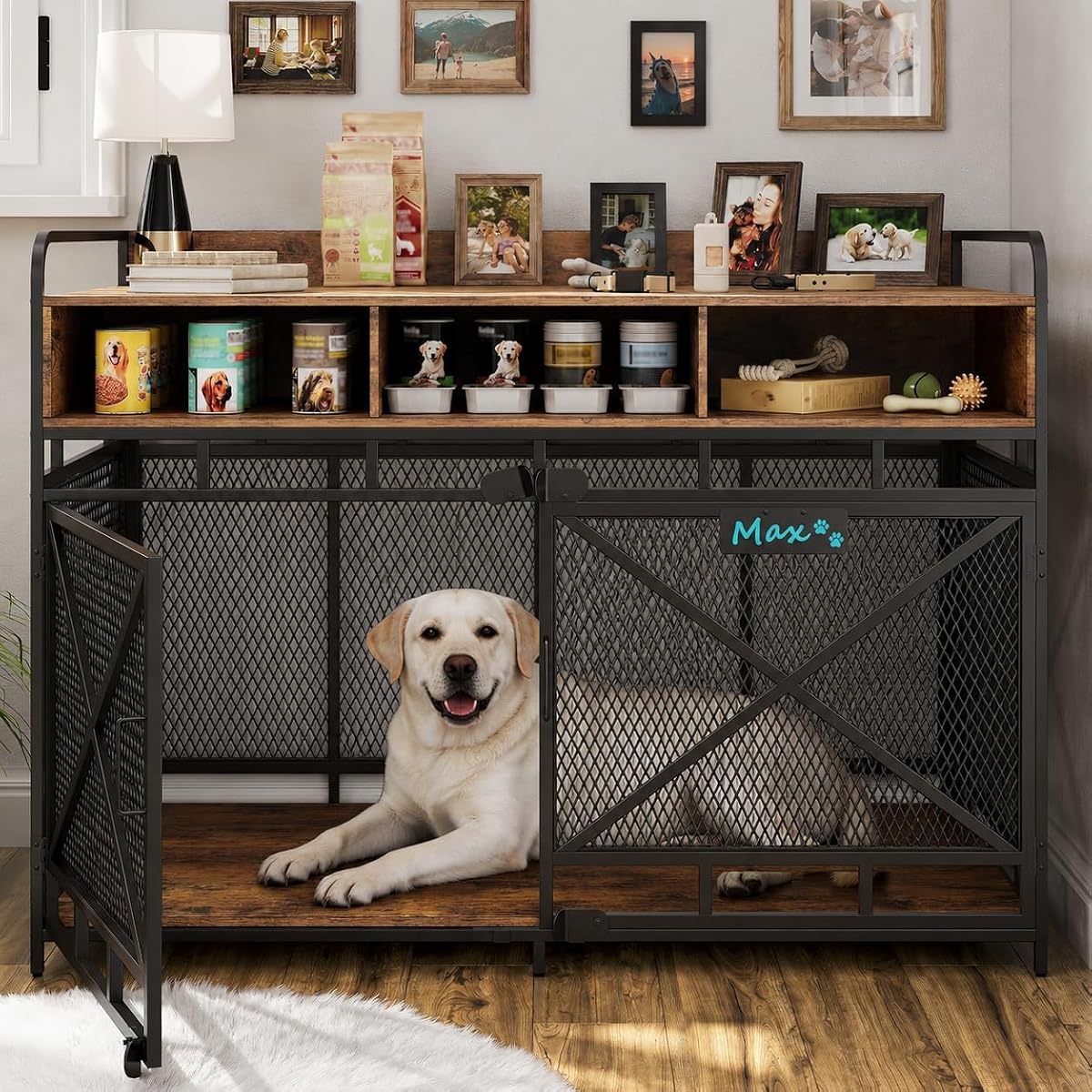 Dog Crate Furniture, 48" Heavy Duty Wooden Dog Crate End Table, XL Dog Kennel Furniture Large Breed, Decorative Dog Kenne Indoor with 3 Drawers & Steel Tubes 48" L x28 W x36 H (Rustic Brown)