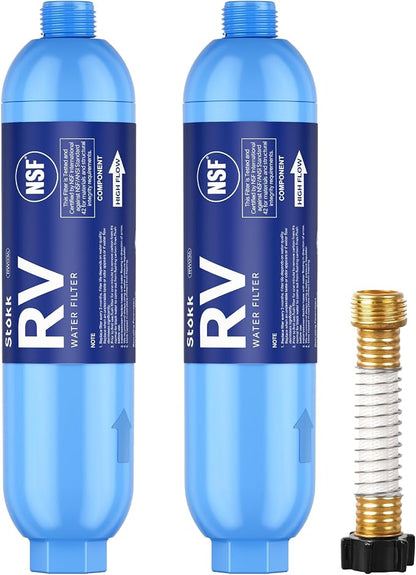 Stokk RV Water Filter with Flexible Hose Protector, NSF Certified, Inline Water Hose Filter for Garden, Camper and Pool, Greatly Reduces Bad Taste, Chlorine, Odor, Rust and Sediment, 2 Pack