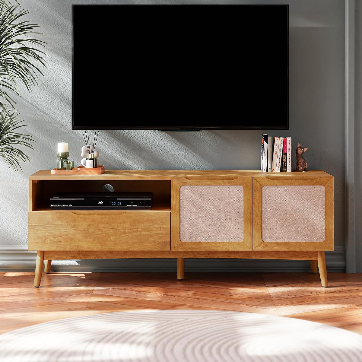 Calista TV Stand 1 Drawer 2 Door – Teak Brown Finish Media Console with Open Shelf & Fabric Panel Doors, Mid-Century Modern Style with Tapered Legs, Easy Assembly