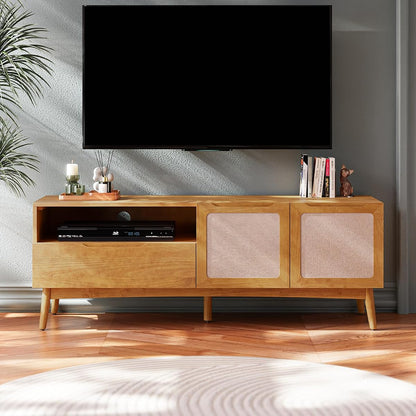Calista TV Stand 1 Drawer 2 Door – Teak Brown Finish Media Console with Open Shelf & Fabric Panel Doors, Mid-Century Modern Style with Tapered Legs, Easy Assembly