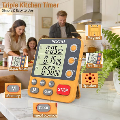 FCXJTU Digital Dual Triple Kitchen Timer, 3-Channel Magnetic Countdown Timer for Cooking, Large Display Stopwatch Multi Food Classroom Timer Loud Alarm for Seniors Teachers Battery Included (Orange)