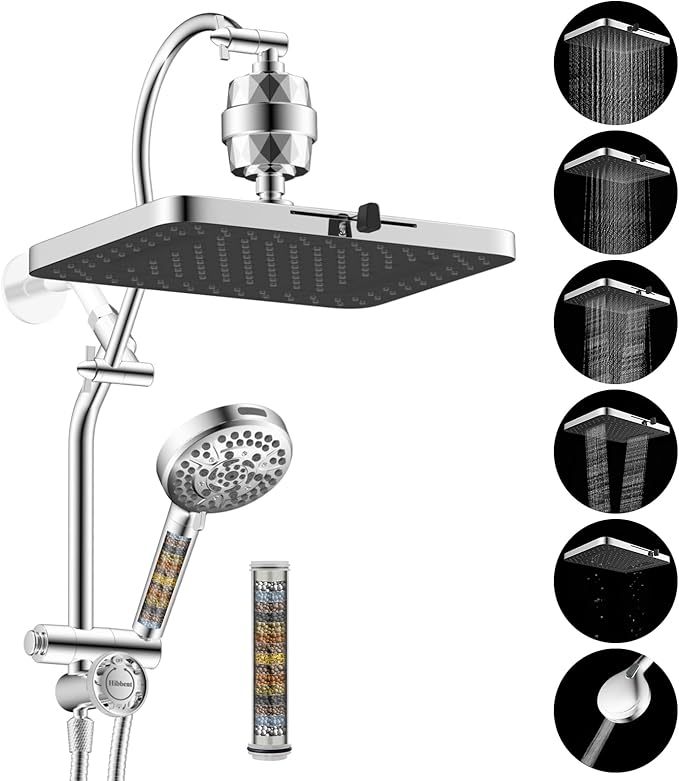 Hibbent 5-spray Dual Filtered Rainfall Shower Head Combo, High Pressure 13'' Showerhead with 10 Spray Mode Handheld, Easy Reach 4-way Diverter Shower Arm with Pause Mode, 71'' Hose and Holder, Chrome