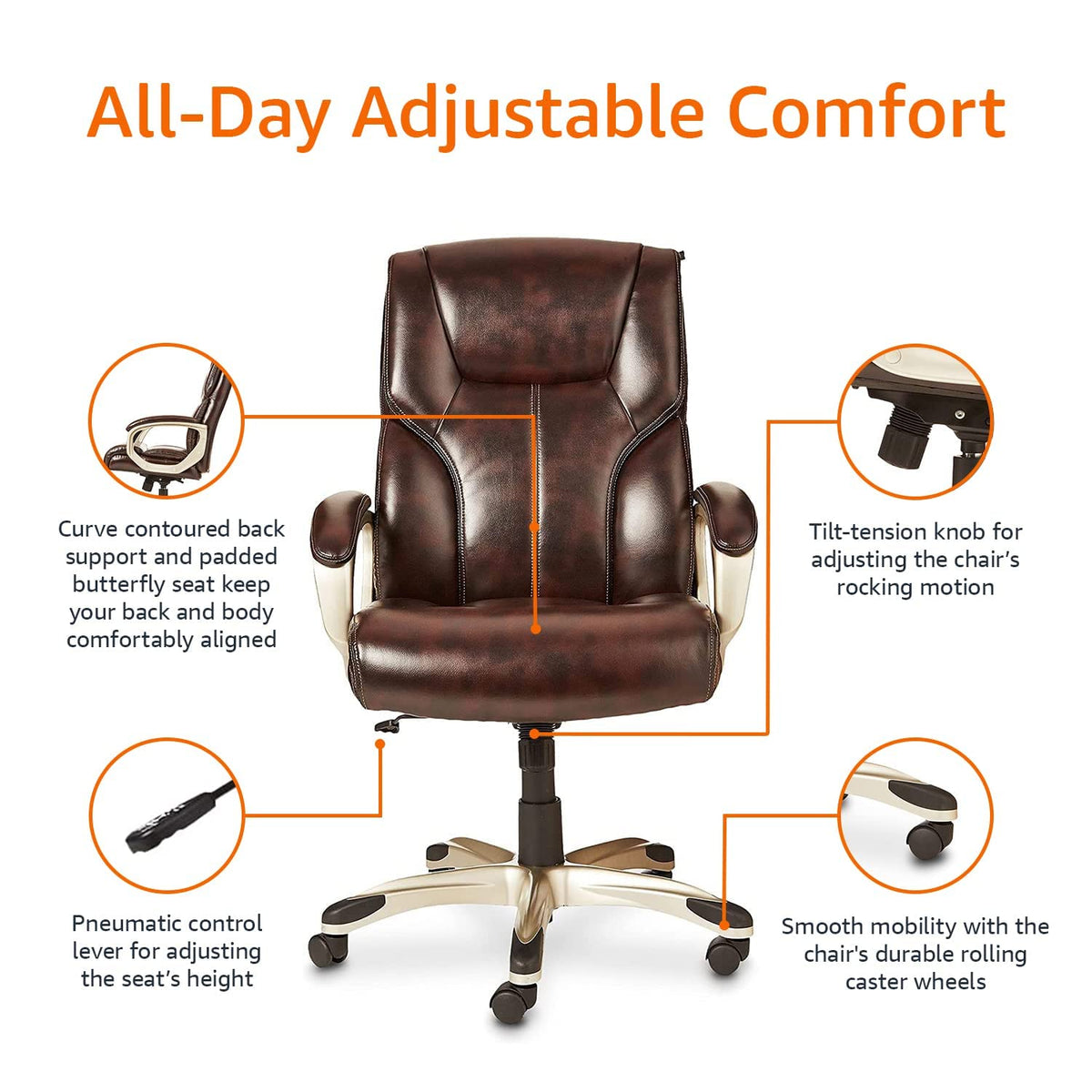 Executive High Back Office Chair, Adjustable Height, Tilt, Swivel, Padded Armrests, Brown/Gold
