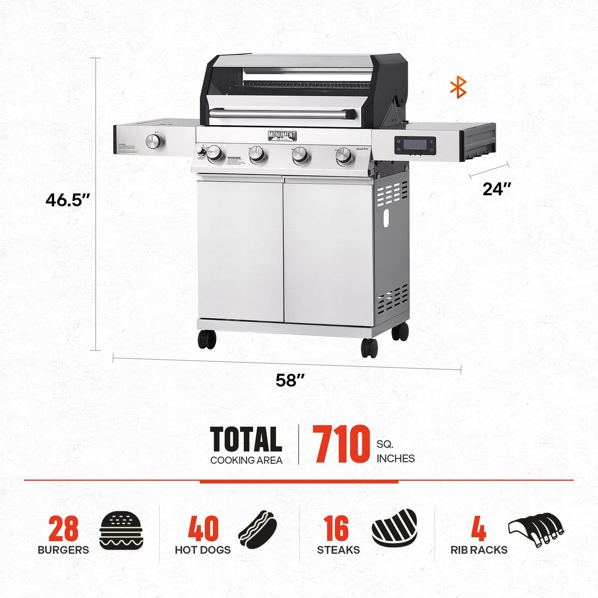 4+1 Liquid Propane Gas Smart BBQ Grill, 4 Burners & 1 Side Burner, Denali 405 Stainless Steel with Smart technology, Knob Controls, Outdoor Use